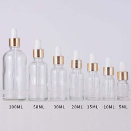 30ml 20ml 15ml Frosted Clear Dropper Packaging Bottle Empty 5-100ml Essential Oil Glass Bottles Serum With Gold Sliver Black Cap Wholesale 100pcs