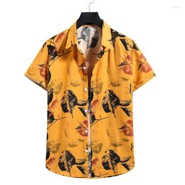 Men's Casual Shirts HL15 Yellow 3D Print Fashion Short Sleeved For Men Summer 2023 Quality Cotton Linen Luxury Chemise Homme S-XXL