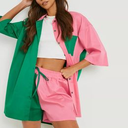 Women's Two Piece Pant Casual 2 Pcs Clothes Set Contrast Colour Patchwork Oversized Half Sleeve Buttons Shirts with Shorts Suit 230106