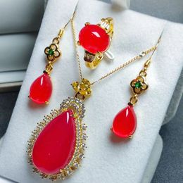 Natural Genuine Chalcedony Inlay 925 Silver red Water droplet Pendant Earrings Ring three-Piece Set