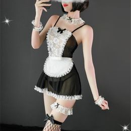 Women's Sleepwear Women Clothes Sexy Lingerie Dress Lace See-through Off-the-shoulder Suspender Suit Black Maid Exotic Costumes Cosplay