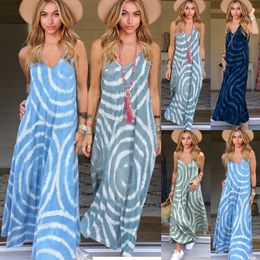 Casual Dresses 2023 Summer Women's V-Neck Suspensory Sleeveless Dress Bohemia Stripe Printing Ankle Long Loose Office Clothes