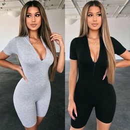 Women's Jumpsuits & Rompers 2023 Summer WomenSexy Zipper V Neck Playsuit Fitness Tights Crop Yoga Sport Suit Gym One Piece Bodysuit Tracksui