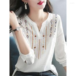 Women's Blouses Women Spring Autumn White Tops Lady Casual Embroidery V-Neck Long Sleeve Vintage Loose Blusas