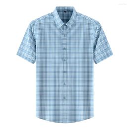 Men's Casual Shirts Summer Fashion Plaid Short Sleeve Mens Satin Dress Shirt Slim Fit Male Business Formal Checkered Thin Cool