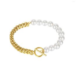 Link Bracelets French Elegant Freshwater Rice Pearl Gold Colour Paper Clip Chain Splicing Simple Temperament Fashion OT Buckle Bracelet