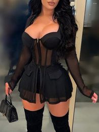Women's Tracksuits LW 2 Two Piece Sets Womens Outfits Long Sleeve Strapless Solid Zipper Design See-through Black Night Clubwear Shorts Set