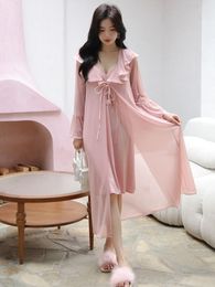 Women's Sleepwear Sexy 2 Pieces Robe Sets For Lady Comfortable Modal Gauze Loose Bride Red Robes Long