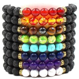 Strand Natural Volcanic Stone Elastic Bracelet 8mm Seven Chakras Energy Handmade Beaded For Men Or Women Jewelry Wholesale