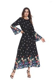 Ethnic Clothing Muslim Printing Robe For Women Fashion O-Neck Flared Sleeves Belted Long Dresses Turkey Moroccan Islamic Caftan Femme