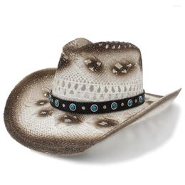 Berets Fashion Women Men Western Cowboy Hat With Punk Band Handmade Weave Sombrero Cowgirl Size 58CM A0109 Drop