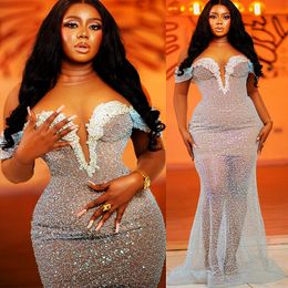 2023 Arabic Aso Ebi Mermaid Lace Prom Dresses Beaded Crystals Sexy Evening Formal Party Second Reception Birthday Engagement Gowns Dress ZJ666