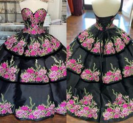 2023 Black Damas Quinceanera Dresses Embroidered Three Layers Princess Strapless Lace-up Backless Prom Dress Charro Sweet 15 Dress Ball Gown