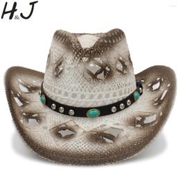 Berets Women Men Western Cowboy Hat With Fashion Leather Punk Band Handmade Weave Beach Sun Sombrero Cowgirl Size 58CM A0156