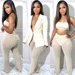 Women's Two Piece Pants Casaul Set Office Lady Bubble Bead Sheer Mesh Jacket Coat Long Tracksuit Clothes For Women Outfit 230105