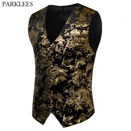 Men's Vests Mens Gold Metallic Paisley Printed Steampunk Vest Single Breasted V Neck Wedding Waistcoat Men Tuxedo Aristocrat Gilet 2XL 230106