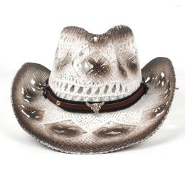 Berets Women's Men's Straw Western Cowboy Hat Handmade Weave Bull Head Belt Summer Beach Cowgirl Jazz Sombrero Cap