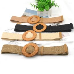 Belts Women Vintage Bohemia Round Buckle Elastic Braided Summer Wild Linen Weave Wide Belt PP Straw Waistband For Ladies