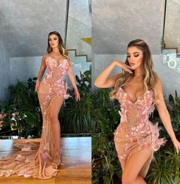 Princess V Neck Prom Dresses 3D Flowers Party Dresses Beaded Side Split Custom Made Evening Dress