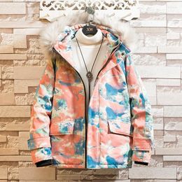Men's Down Winter Fur Collar Parkas Men And Women Cotton-Padded Clothes Jacket Fashion Printed Hooded Coats Thicken Outerwear Male Female