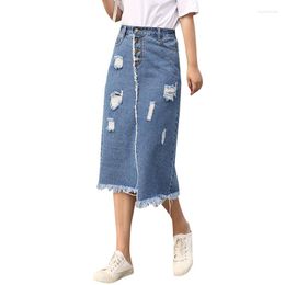 Skirts Women Summer Oversized Skirt Korean Style Fat Mm Hole Ripped Midi Denim Casual Tassels Size Cotton