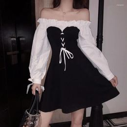 Casual Dresses Women Slash Neck Ruffles Gohitc Mini Dress 2023 Lady Black White Plus Size Lace-up Lantern Sleeve Empire Party 4XL