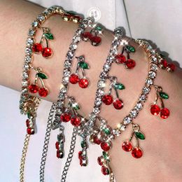 Link Bracelets JUST FEEL Sweet Cute Red Crystal Cherry Charms Bracelet Female Gold Silver Colour Tennis Chain Jewellery Gift