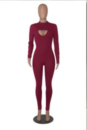 Long Sleeve Cotton Jumpsuits Women One Piece Outfits Fall Winter Clothes Solid Bodycon Rompers Cut Out Jumpsuits Night Club Wear 8513