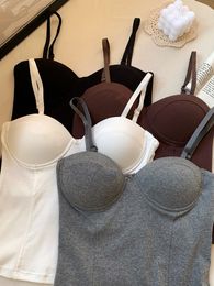 Women's Tanks Camis HELIAR Spaghetti Underwear Padded Bra Solid Crop Tops For Tank Sleeveless Slim Knitted Basic 230105
