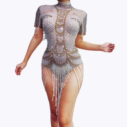 Women's Two Piece Pants Vintage Pearls Rhinestone Party Bodysuits Stretch Fringes Crystal Leotard Women Stage Dance Costume Showgirl Perform