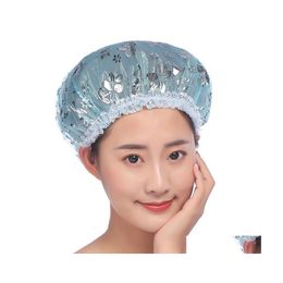 Shower Caps Double Layer Stam Cap Waterproof Elastic Band Bath Resuable Hair Hat Adt Makeup Er Drop Delivery Home Garden Bathroom Ac Dh23Q