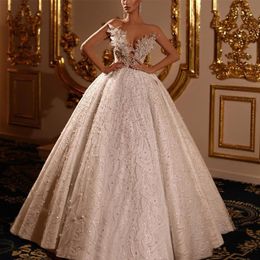 Exquisite Ball Gown Wedding Dresses V Neck Sleeveless Pearls Beaded Applique Sequins 3D Lace Ruffles Celebrity Sparkly Plus Size Formal Bridal Gowns Custom Made