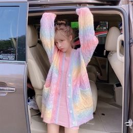 Women's Knits Tees Rainbow Knitted Cardigan Women Autumn Winter Pullover Cute Sweater Coat Female Long Korean Button Down Fall 230106