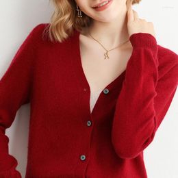 Women's Knits Spring And Autumn Women's Pure Wool V-Neck Fashion Cardigan Loose Long-Sleeved Knitted Wild Korean Sweater Coat Short