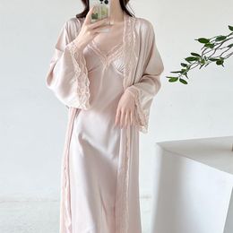 Women's Sleepwear Vintage 2PCS Robe Set Female Court Style Lace Trim Kimono Long Bathrobe Gown Sexy Intimate Lingerie Loungewear