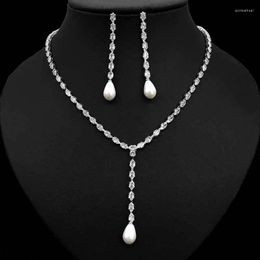 Necklace Earrings Set HIBRIDE Long Tassel Pearl Women 2PCS Cubic Zirconia Bridal Wedding And Earring Bijoux Femme N-1056