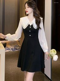 Casual Dresses Autumn Black Patchwork Long Sleeve Mini Dress Women Fashion Chic Ruffled Doll Collar 2023 Korean Vintage Hepburn Vestidos