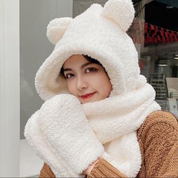 Scarves Scarf Hat Cute Bear Ear Gloves Set Winter Women Beanies Caps Warm Plush Hats Sashion Solid Fleece Girl