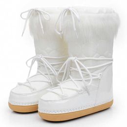 Boots 2022 Winter Women Mid-calf Snow Brand Platform Fluffy Fur Lace-up Ski Female Warm Waterproof Non-slip Cotton 221215