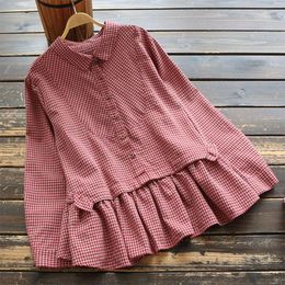 Women's Blouses & Shirts Spring Autumn Arts Style Women Long Sleeve Loose Casual Blouse Tops Turn-down Collar Cotton Linen Plaid Vintage V19