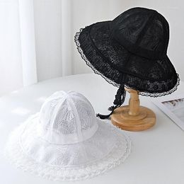 Wide Brim Hats OMEA Lace Bucket Hat Women Cute Embroidery Luxury Floral Summer Beach Visor Adjustable Ribbon Lolita Elegant Children