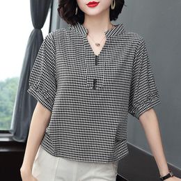 Women's Blouses & Shirts Women Spring Summer Style Chiffon Lady Casual Short Sleeve V-Neck Plaid Printed Blusas Tops ZZ0476