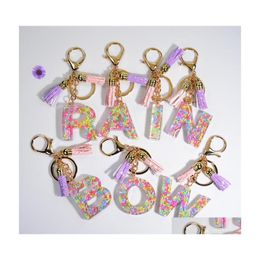 Keychains Lanyards Crystal Gold Plated Key Chain 26 English Letter Pendant Colorf Tassel For Women Keychain Bag Hanging Ornaments Dh3Wv