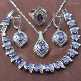 Necklace Earrings Set Natural Purple Crystal Wedding For Women Christmas Gift Silver Colour Rings Bracelet YZ0609