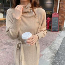 Casual Dresses Runway Khaki Woollen Dress Woman Fall Golden Button Turtleneck Long Sleeve Loose Sweater Female Korean Business Knitwear