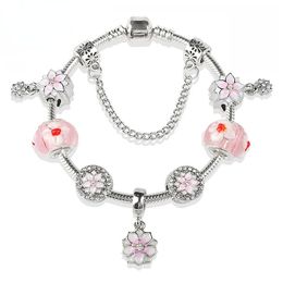 Charm Bracelets Pink Small Flower Pendant Bracelet DIY Ancient Silver Crystal Beaded Hand String