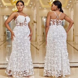 White Plus Size Lace Evening Dresses Spaghetti Straps Neckline Prom Gowns Mermaid 3D Butterflies Appliqued Special Occasion Dress