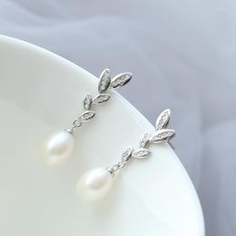 Dangle Earrings Handmade Creative Olive Leaf Earstud Trendy Natural Freshwater Pearl Women Tide Flow 925 Sterling Silver Jewellery Gift