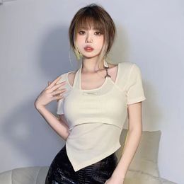 Women s T Shirt Women Halter Hollow out Design T shirts Asymmetrical Sexy Casual Streetwear Style with Chains Beautiful Faddish Summer 230106