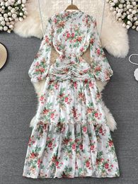 Casual Dresses Ruffled Chiffon Long Dress Women Summer 2023 Catwalk Models Stand Collar Sleeve Pleated Slim Fit Vintage YQ112